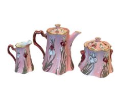 LUNEVILLE FRENCH POTTERY ART NOUVEAU IRIS PATTERN POTTERY TEA POT WITH CREAMER AND SUGAR BOWL