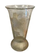 1930'S HAND ETCHED GRAPEVINE VASE WITH WIDE FLARRED RIM AND BULBOUS BASE, CLEAR AND FROSTED