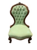 ANTIQUE VICTORIAN WALNUT SHOWFRAME GRANDMOTHER CHAIR WITH BUTTON TUFTED UPHOLSTERY