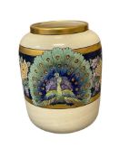 ANTIQUE ART NOUVEAU ARTIST SIGNED PEACOCK VASE HAND PAINTED AND GILT DECORATED, SIGNED ON THE BOT...