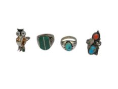 FOUR NATIVE AMERICAN STERLING SILVER STONE ACCENTED RINGS
