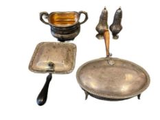 20TH CENTURY SILVER TABLEWARE TWO SILENT BUTLERS, ORNATE SALT AND PEPPER SHAKERS AND SUGAR BOWL