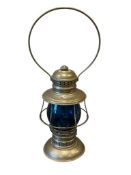 C.T. HAM #39 1900'S CHROME FINISH RAILROAD PRESENTATION LANTERN WITH BLUE GLASS GLOBE