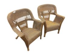 PAIR OF BROWN WICKER PATIO GARDEN ARMCHAIRS