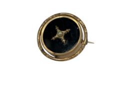 ANTIQUE GOLD-FILLED MOURNING BROOCH FEATURING JET AND SEED PEARL