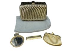 JUDITH LEIBER VINTAGE AMEN WARDY GOLD RIBBED HARD CASE CLUTCH WITH MIRROR, COMB, AND COIN PURSE