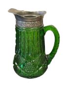 EAPG AMERICAN VICTORIAN PERIOD EMERALD GREEN GLASS PITCHER WITH APPLIED HANDLE AND PEWTER SPOUT