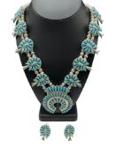 SOUTHWESTERN TRADITIONS STERLING SILVER TURQUOISE SQUASH BLOSSOM NECKLACE AND EARRINGS SET