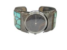 VINTAGE SIGNED STERLING SILVER TURQUOISE INLAY WATCH CUFF WITH TIMEX QUARTZ WATCH