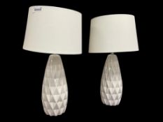 PAIR OF CERAMIC DIAMOND PATTERN CONTEMPORARY TABLE LAMPS WITH MATCHING TEXTILE SHADES