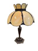 VINTAGE STAINED SLAG GLASS TABLE LAMP WITH SOLID BRASS LION MOTIF BASE