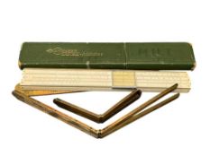 VINTAGE MEASURING INSTRUMENTS STANLEY BOXWOOD FOLDING RULERS AND A.W. FABER CASTELL SLIDE RULER