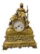 20TH CENTURY ANTIQUE EUROPEAN HUNTSMAN FIGURAL MANTLE CLOCK IN BRASS