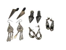 FOUR PAIRS OF VINTAGE STERLING SILVER EARRINGS AND ONE SILVER PLATED STAMPED MEXICO DANGLE EARRINGS