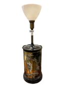 MID-CENTURY CHINOSERIE DECORATED CYLINDRICAL ENGLOMISE GLASS TABLE LAMP WITH MILK GLASS SHADE