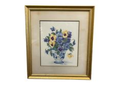BARBARA MOCK STILL LIFE BOUQUET PRINT FEATURING BLUE AND YELLOW PANSIES
