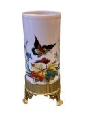 VINTAGE MID-20TH CENTURY CYLINDRICAL GLASS VASE WITH GILT SILVERPLATE MERIDEN 3-FOOTED BASE