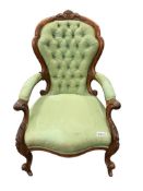 ANTIQUE VICTORIAN WALNUT SHOWFRAME GRANDFATHER ARMCHAIR WITH BUTTON TUFTED UPHOLSTERY