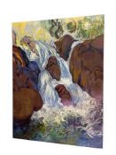 SIGNED J. HAMILTON ORIGINAL ABSTRACT OIL ON CANVAS OF WATERFALL