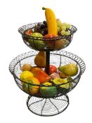 VINTGE METAL WIRE TWO-TIER KITCHEN FRUIT BASKET FILLED WITH FAUX FRUITS AND VEGETABLES