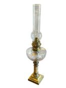 19TH CENTURY ANTIQUE OIL LAMP WITH CUT GLASS FONT, STONE PEDESTAL WITH SQUARE BASE