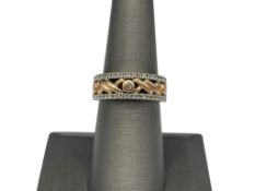 14K WHITE AND ROSE GOLD DIAMOND SCROLL BAND FEATURING TWO ROWS OF BRILLIANT CUT DIAMONDS