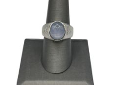 14K WHITE GOLD OVAL CABOCHON MOONSTONE AND TRILLIANT CUT DIAMOND RING