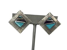 VINTAGE NAVAJO STERLING SILVER INLAID TURQUOISE, ONYX, AND SUGILITE CLIP-BACK EARRINGS
