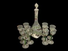 AUSTRIAN BIMINI CZECH LAMPWORK WINE DECANTER WITH ELEVEN MATCHING CHERRY WINE CORDIALS