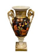 ANTIQUE 19TH CENTURY PORCELAIN URN OLD PARIS / EMPIRE STYLE URN WITH HEAVY GILT ACCENTS AND IMAGERY