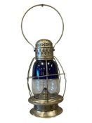20TH CENTURY CHROME FINISH RAILROAD LANTERN WITH COBALT BLUE AND CLEAR GLASS SHADE