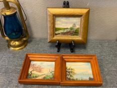 THREE ORIGINAL MINIATURE OIL PAINTINGS ON CANVAS BOARD LANDSCAPE SCENES, ONE IS SIGNED