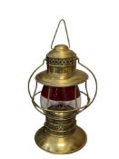 20TH CENTURY BRASS FIRE CHIEF'S FIREMAN LANTERN WITH RUBY RED AND CLEAR GLASS GLOBE, DUAL WICK