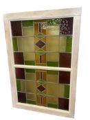 LARGE MISSION STYLED STAINED GLASS PANEL IN WHITE WASHED WOODEN FRAME