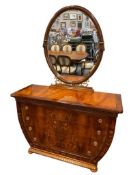 ELEGANT ITALIAN BAROQUE STYLE INLAID MARQUETRY BURL VENEER FOUR DRAWER TAPERED DRESSER WITH MIRROR