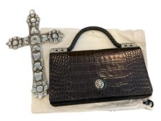 BRIGHTON BLACK LEATHER ALLIGATOR GRAIN PURSE AND A AL CARTE POLISHED ALUMINUM CROSS
