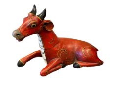 20TH CENTURY BALINESE FOLK ART HAND CRAFTED LYING BULL WOODEN CEREMONIAL DECORATION