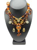 VINTAGE DESIGNER SIGNED GARNET AND CITRINE BEAD NECKLACE FEATURING GRADUATING STRANDS