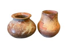 ANCIENT NORTH AMERICAN CLAY POTTERY EFFIGY POTS, ONE WITH ROUND BOTTOM, OTHER IS FLAT