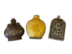THREE VINTAGE CHINESE SNUFF BOTTLES, BAMBOO ENAMELED, SILVER DRAGON, AND EMBOSSED SNUFF BOTTLE