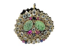 ANTIQUE EARLY 1900'S GOLD FILLED PENDANT FEATURING PINK AND BLUE SAPPHIRES AND CARVED GREEN JADE