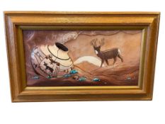 ROGER AND MARIE KULLNATIVE AMERICAN TOOLED COWHIDE / LEATHER SCULPTED ART DECORATED WITH TURQUOISE