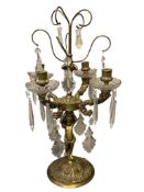 ANTIQUE BRASS CANDELABRA VICTORIAN OR ROCOCO STYLE ADORNED WITH PRISMS, CHERUB PEDESTAL