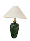 ART DECO STYLED HOLLYWOOD REGENCY ROUND TABLE LAMP, FAUX GREEN MARBLE COMPOSITE LAMP WITH BRASS TOP
