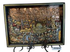 VINTAGE MID-CENTURY NATHANY YIGAL SIGNED JUDAICA JERUSALEM MIXED MEDIA WALL PLAQUE FEATURING COPPER