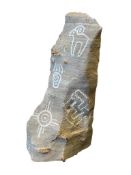 PETROGLYPH STYLE DECORATIVE ROCK MADE TO RESEMBLE A ROCK WITH VARIOUS SYMBOLS BY PREHISTOTIC PEOPLE