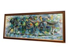 MID-CENTURY ORIGINAL OIL ON CANVAS BY LISTED CALIFORNIA ARTIST RAYMOND HOWELL OF ABSTRACT HORSES