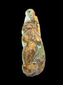 CARVED CHINESE GREEN AND BROWN JADE FIGURAL LEOPARD PENDANT