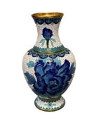 VINTAGE CHINESE EXPORT CLOISONNE ENAMELED ROUND BODY VASE WITH BLUE AND WHITE DESIGN