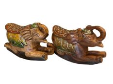 PAIR OF DECORATIVE WOODEN CARVED ROCKING ELEPHANTS SOUTHEAST / INDIAN STYLE ART